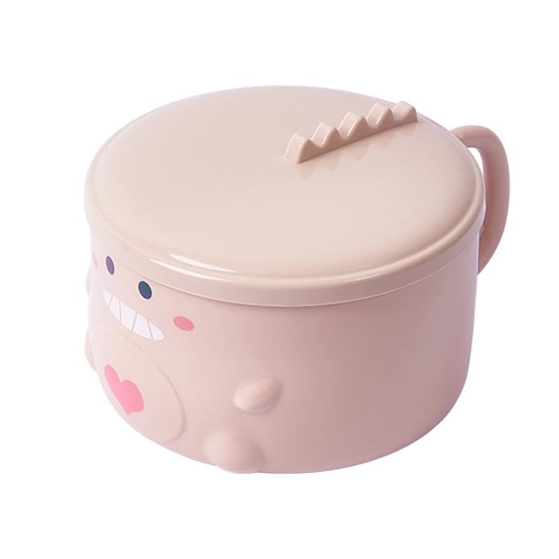 HERCHR Tazón de sopa de acero inoxidable de dibujos animados, tazón de ramen rosa Tazón de sopa con tapa y asas Tazón de cereales lindo dinosaurio Tazones de fideos para sopa de cereales Arroz