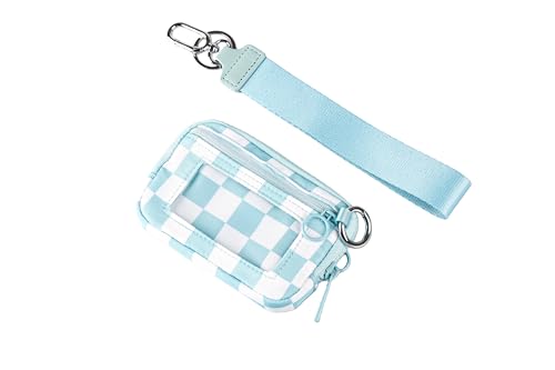 POXIADIV Wristlet Wallet for Women Mini Zip Card Case with Clear ID Window Zipper Coin Purse Lightweight Portable Keychain Wallet(Blue Lattice)