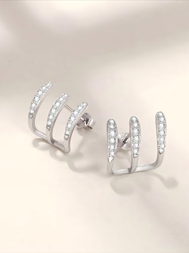 925 Sterling Silver Segment Triple Claw Curved Cubic Zirconia Earrings, Silver Hoop Earrings Stud Huggie Cuff Earrings4