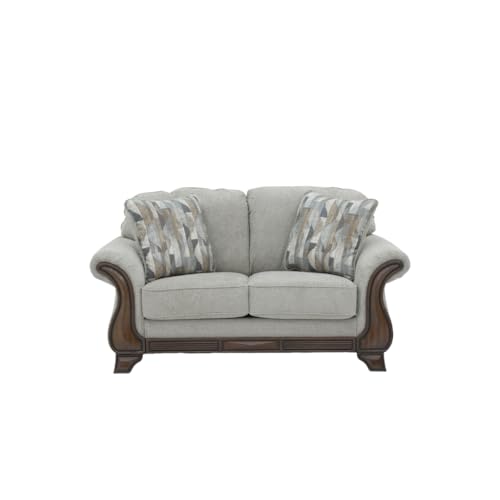 Image of Royaloak Amber Fabric Sofa 2 Seater | Soft Grey Upholstery with Thick Cushions | Designer Wooden Arm Panels and Wood Finish Skirting Legs | 2 Seater Sofa with Super Soft Cushions for Comfort