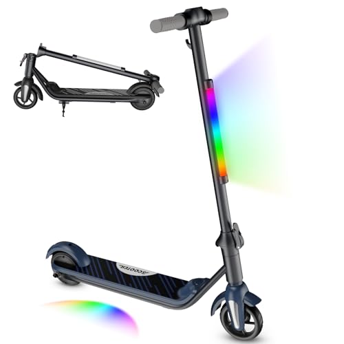 scoot4kids Patinete eléctrico para niños, edad 6-12, motor de 80 W, velocidad de 6/12 km/h, alcance de 8 km, pantalla LED y luces de arco iris, patinete eléctrico plegable para niños (gris)