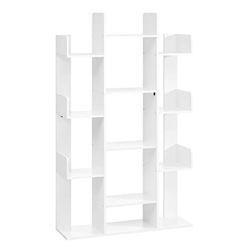 VASAGLE Bookshelf, Tree-Shaped Bookcase with 13 Storage Shelves, Rounded Corners, 9.8”D x 33.9”W x 55.1”H, White ULBC067W01 White 13 Storage Shelves Bookcase