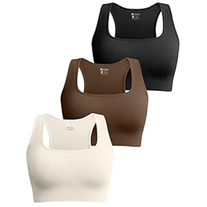 OQQ Women’s 3 Piece Medium Support Crop Tops Ribbed Seamless Removable Cups Workout Exercise Racerback Sport Bra Black Coffee Beige