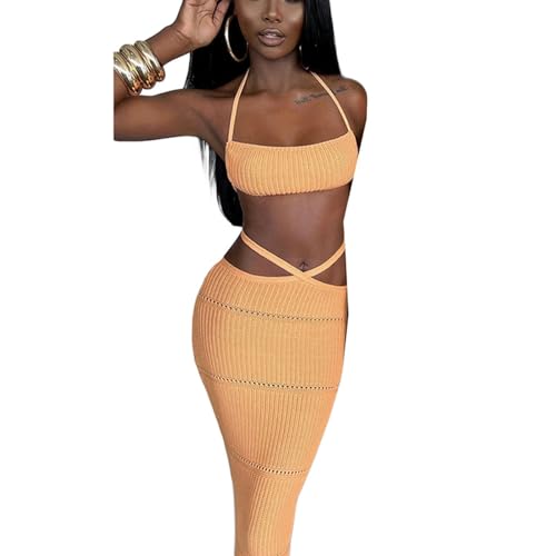 WEITING Conjunto Elegante de Dos Piezas para Mujer, Top Corto con Volantes y Falda Larga de Cintura Alta, Conjunto Ajustado-Amarillo-L