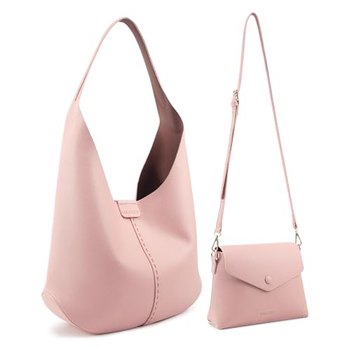 HKCLUF Hobo Bags Purses for Women 2PCS/Set,Soft Vegan Leather Slouchy Shoulder Hobo Handbags with Small Crossbody Bags for Women (pink)