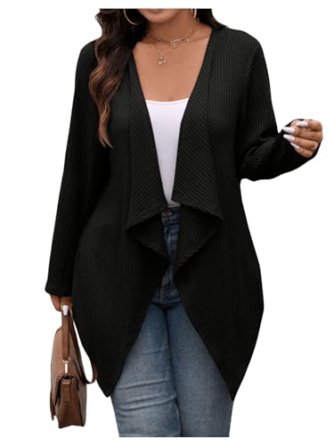 Image of RoseSeek Women's Plus Size Knit Cardigan Asymmetrical Open Front Long Sleeve Casual Knit Sweater Coat Black XX-Large Plus