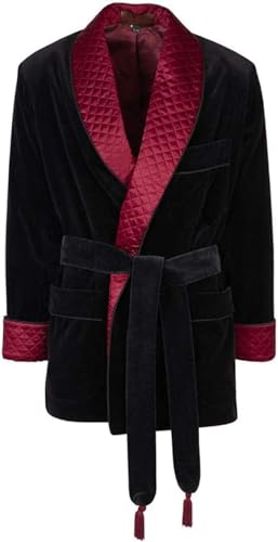 Luxury Velvet Smoking Jacket Robe, Black with Burgundy Quilted Lapel, Belted