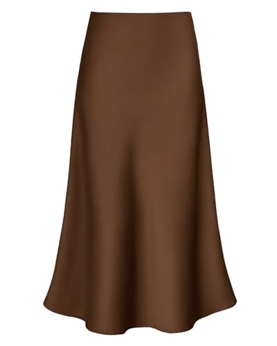 Outoshe 2026 Womens Satin Midi Skirt Elastic High Waisted A Line Spring Summer Flowy Silk Long Skirts for Women Brown