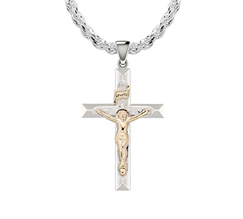 US Jewels Solid 925 Sterling Silver & 14k Gold Crucifix Cross Pendant Necklace, 32mm