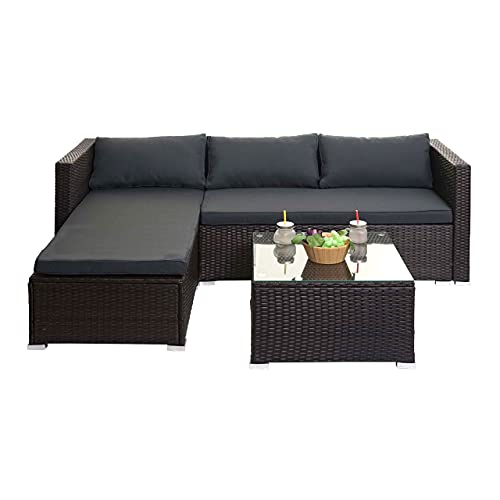 Mendler Poly-Rattan Garnitur HWC-F57, Balkon-/Garten-/Lounge-Set Sofa Sitzgruppe - braun, Kissen dunkelgrau ohne Deko-Kissen