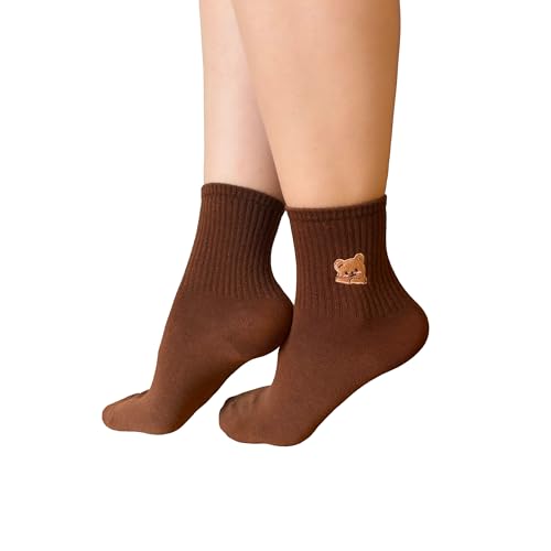 5 Pairs Women's Cute Bear Embroidered Crew Socks, Soft Cotton, Black, White, Brown - Cozy Animal Design, Casual Fashion Socks for Autumn & Winter3