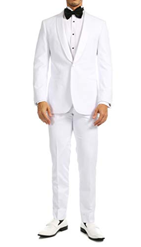 Ferrecci Men's Reno White Slim Fit Shawl Lapel Collar 2 Piece Tuxedo Suit Set - Tux Blazer Jacket and Pants (38 Regular)