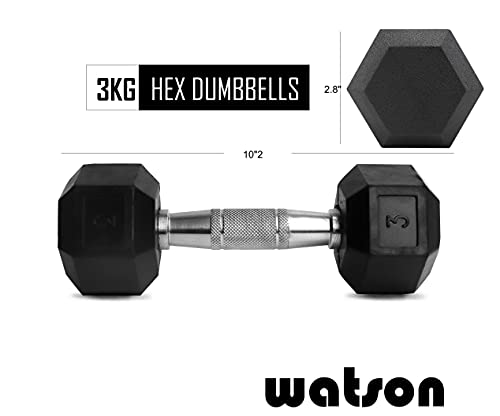 Image of Watson, dummbell set, Rubber Coated Caste Iron Hex Dumbbell, Anti Slip Grip, 3kg Hexagonal Dumbbell Single Pc For Home Gym Professional Strength Training, Weight Lifting, Workout