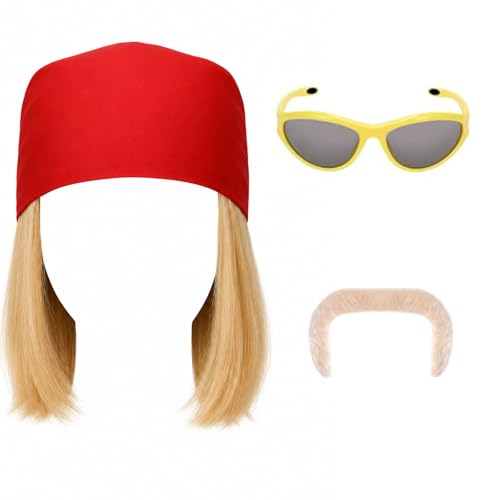 Cilxdr 3Pcs Wrestler Costume Kit Includes Headscarf with Hair Fake Beard Glasses for Halloween Cosplay Dress up Accessories