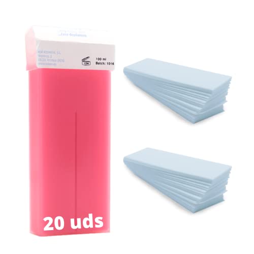 KOKEN - Pack 20 Cartuchos FRESA + 200 bandas depilatorias | Calidad profesional. Cera Depilatoria Roll-on 100ml Universal