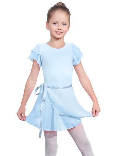 Image of EQSJIU Ballet Leotards for Girls with Removable Skirt Combo Tie Ruffle Sleeve Outfit