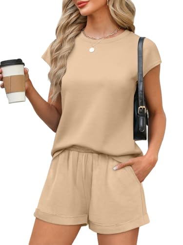 Image of WIHOLL 2 Piece Sets for Women Casual Summer Travel Vacation Outfits Cap Sleeve Shorts Lounge Set