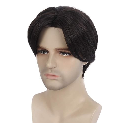 REEWES Men's Short Curly Wig with Fringe, Natural Synthetic Full Wig for Daily Party Costume, Cosplay Wear, Brown