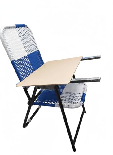 Image of Portable Folding Study Chair with Armrests, Blue and White Woven Design, Iron Frame, Lightweight Durable Chair for Home, School and Outdoors
