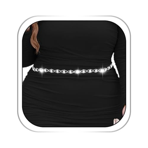 Abien Rhinestone Waist Chains Silver Chain Belt Thin Crystal Waist Belts Large Size Sparkle Waistband for Women
