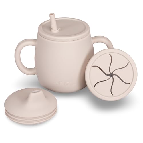 Image of sophie + lauren 4-in-1 Silicone Sippy Cup with Snack and Straw Lid 6oz | Transition Training Cup for 6+ months to Toddler (Beige)