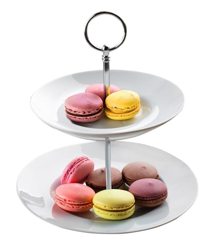 Etagere mit 2 Etagen und Tragegriff - Weiß - Porzellan - Metall - Ø...