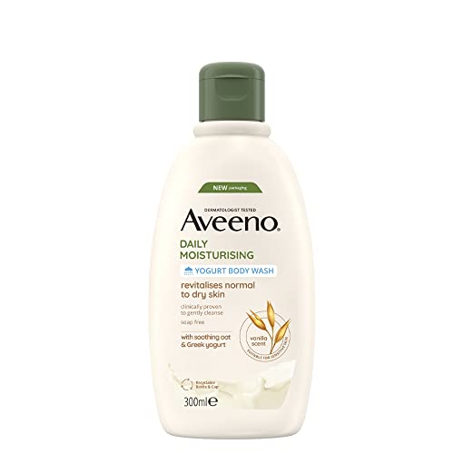Aveeno Jabón corporal de yogur hidratante diario (1 x 300 ml), lavado suave con avena coloidal calmante y yogur griego probiótico, aroma a albaricoque y miel para pieles sensibles y secas