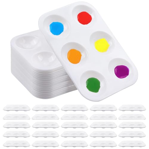 25 PCS Plastic Paint Palettes, 6 Wells Rectangular White Tray Palettes for DIY Craft and Art Painting Party Watercolor (4.72 * 3.26 inch)