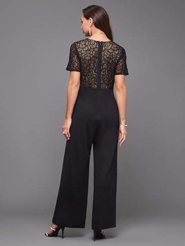 Image of Miss Chase Women's Halter Neck Sleeveless Solid Wide Leg Sequin Paneled Regular Length Jumpsuit