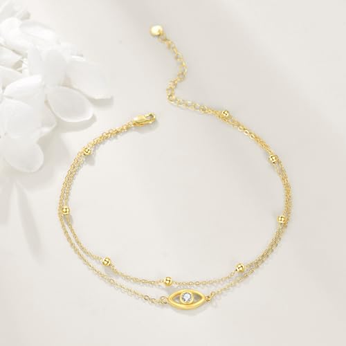 Image of POPLYKE 925 Sterling Silver Double Layered Chain Evil Eye Daisy Sunflower Butterfly Anklets for Women Holiday Beach Crystal Ankle Bracelet Dainty Evil Eye Jewelry