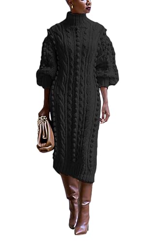 JEKYUARA Women's Cable Knit Sweater Midi Dress Turtleneck