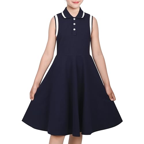 Sunny Fashion Girls Dress Navy Knit Polo Collar School Classic Casual Back to School Everyday