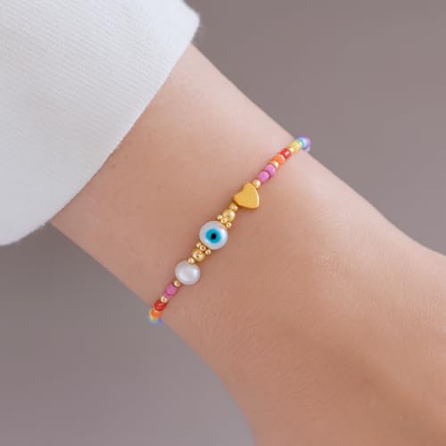 Evil Eye Beaded Bracelet for Women - Handmade Boho Stackable Colorful Gold Seed Beads Stack Pearl Heart Charms Adjustable Protection Bracelet Evil Eye Jewelry Summer Beach Friendship Gift2