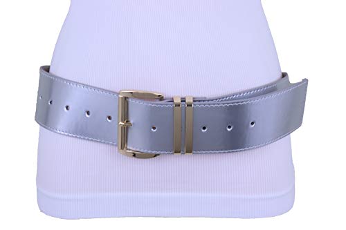 Women Fashion Wide Belt Hip Waist Silver Color Faux Patent Leather Waistband Gold Buckle Size M L XL4