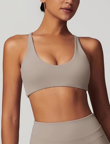 Image of ABOCIW Womens V Neck Twist Back Sports Bra Padded Low Impact Fitness Yoga Bra Workout Crop Top