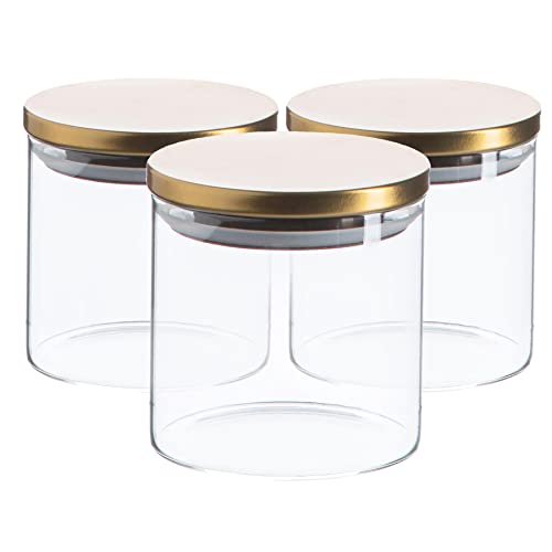 Image of Argon Tableware Scandi Storage Jars with Metallic Gold Lids - 550ml - 3 Pack - Modern Round Organisation Container Glass Jar for Kitchens, Pantry, Bathrooms, Utility Rooms