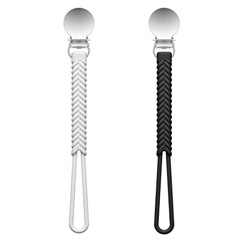 LANEYLI Pacifier Clip 100% Silicone Teether Clip Soothie Pacifier Holder for Baby Boys and Girls 2 Pack Braid Grey Black