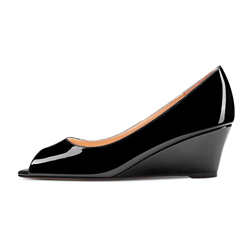 HDEUOLM Femmes Bas Compensé Talon Heel Ouvert Bout Slip-on Escarpins Classique Cute Dress Sandales 5 CM Heels Noir 38 EU