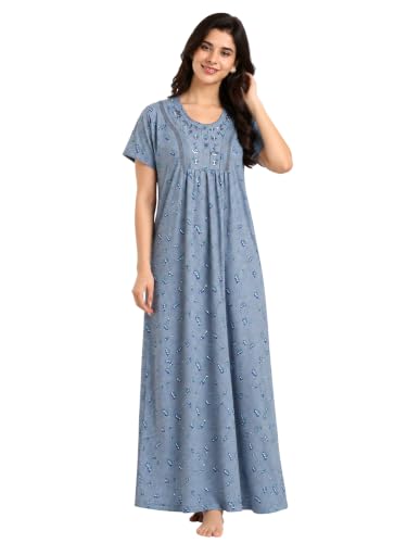 Image of 9shines Label Stylish Cotton Blend Embroidered Maxi Nightdress for Women with Pocket| Full Length Nightwear| Premium Nightdress| Comfortable Nightwear(5256)
