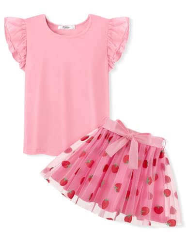Arshiner Vestido para Niñas Conjunto Verano Manga Corta Camiseta Rosa con Falda Vestido Informal para Niños Noche Elegante De Moda Ropa Festiva con Cinturón 5-6 Años