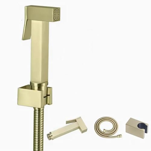 HOMCBEC Brushed Gold Brass Square Toilet Handheld Bidet Shower Spray Wall Bracket Hose,Baby Diaper Cloth Washer, Hand Held Sprayer Shattaf Toilet Attachment Set (Bidet Sprayer+Holder+Hose)