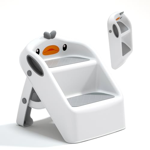 Image of MsPrLs Toddler Step Stool for Kids Bathroom Sink Grey & White | Foldable 2 Step Stool for Kids 1-4 Years Old | Dual Height 11" Child Kitchen Helper with Handles - Easy to Move, Slip-Resistant