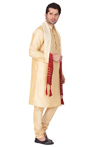 VASTRAMAY Men Maroon Cotton Silk Kurta Pyjama and Dupatta Set (VASMKMA001nPMAnD5WH) - Image 5