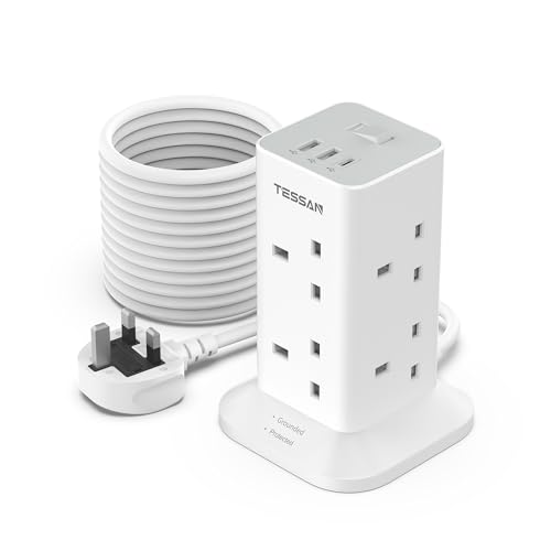 Tower Extension Lead 10M with USB C Slots, TESSAN 8 Way Multi Plug Extension Socket with Long Cable, Surge Protected Power Strip with Switch, for Home, School Supplies