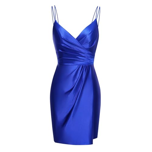 Miao Duo Short Tight Satin Homecoming Dresses 2025 Spaghetti Strap Pleated Cocktail Party Dress with Slit YZTS2714