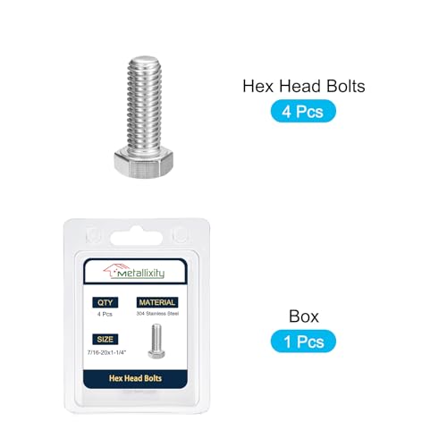 Image of METALLIXITY Hex Head Bolts (7 /16-20 x 1-1 /4 inch) 6Pcs, 304 Stainless Steel 18-8 Fully Threaded, External Hex Drive, Plain Finish, Hex Head Screw Bolt, Silver