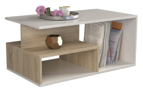 CDF Prima Coffee Table | Colour: Sonoma Oak - White | Modern Bench for Living Room, Room, Office | Shape: Rectangular | Shelf for Small Items, Newspapers, Magazines or Books