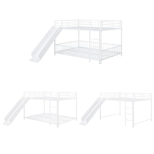 Image of Bellemave Full Over Full Bunk Bed with Slide and Ladder, Metal Low Bunk Beds for Kids, Girls, Boys, Removable Fence and Door, White