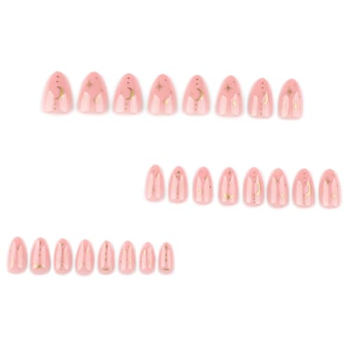 Image of Star Press on Nails Nude Fake Nails Medium Almond False Nail with Design Gold Moon Glue on Nails Artificial Acrylic Nail Full Cover Stick on Nail for Women Girls Manicure 24pcs