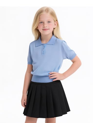 Image of Girls Short Sleeve Polo Shirt V Neck Button Down Shirts Summer Knit School Uniform Crop Tops